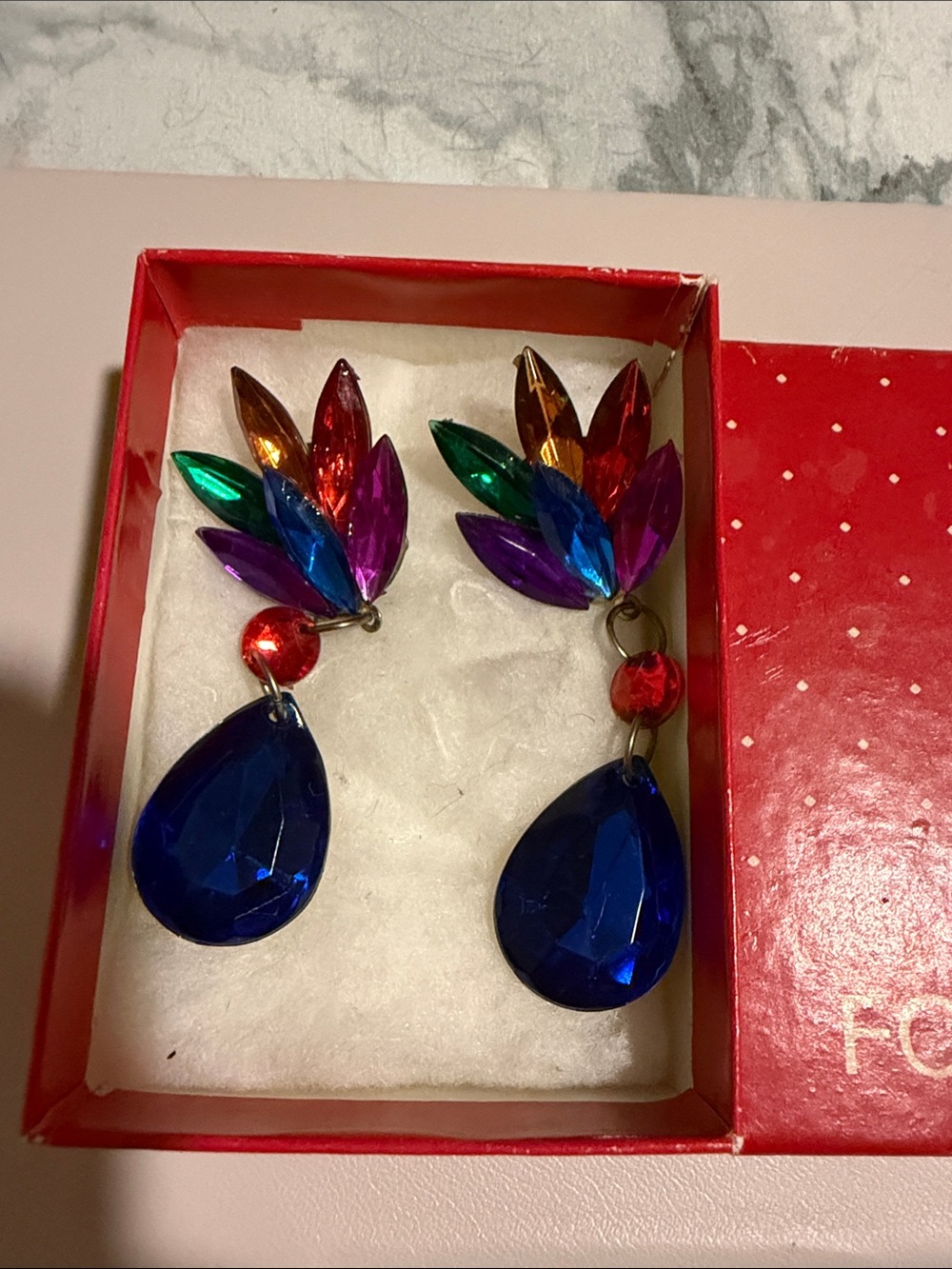 Multicolor Crystal Drop Earrings with Deep Blue Teardrops